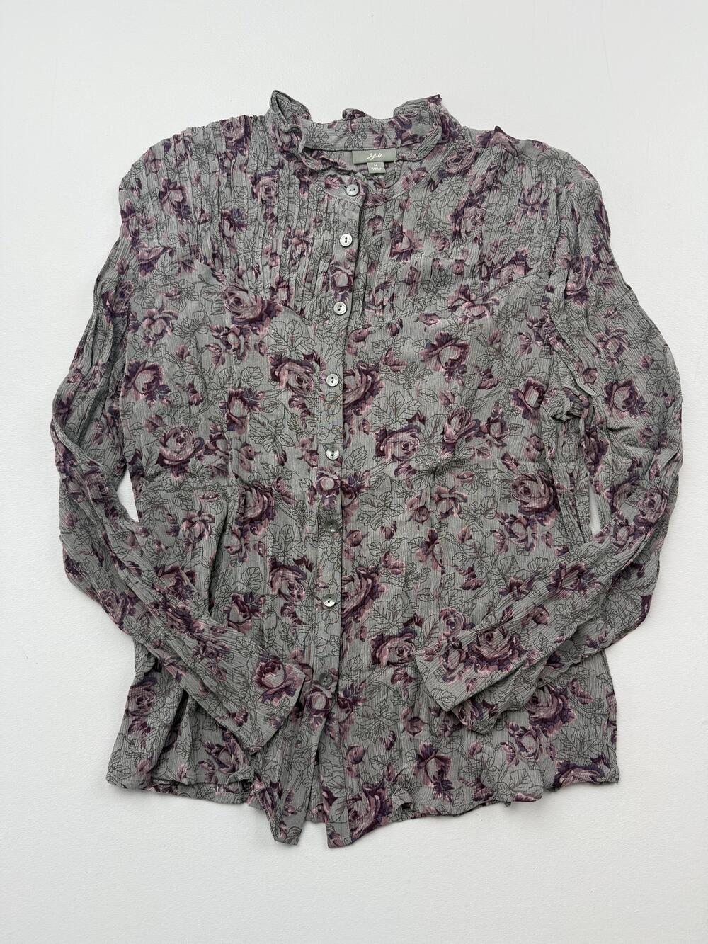 J. Jill Blouse Womens M Purple Floral High Neck Long Sleeve Button Top Ruffle